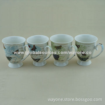 New Bone China Footed Mugs with Floral Design, Royal Shape, Ideal as Present, Food-safe, Butterfly